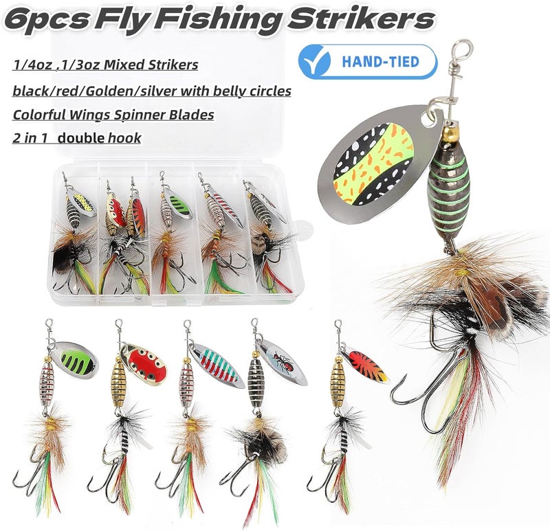 DAMIDEL 6pcs Fly Fishing Strikers kit,1/4oz 1/3oz Mixed, Simulation Colorful Belly and Wings Spinner Ever,Specialty Hand-Tied Rooster Bait for Trout, Bass, Steelhead Fly Fishing Dry Flies Tackle Box - Image 2